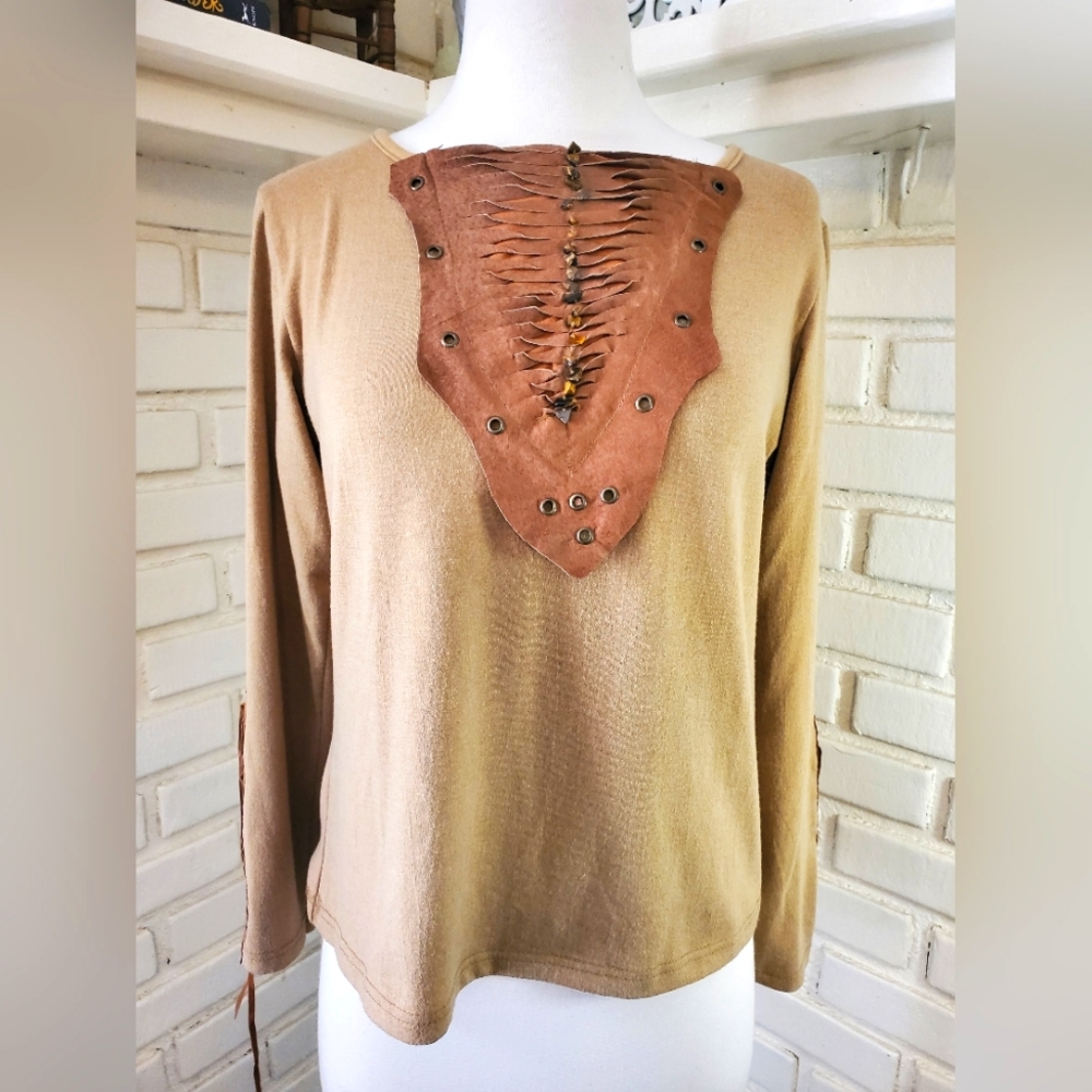 Tan long sleeve top with faux leather embellishments